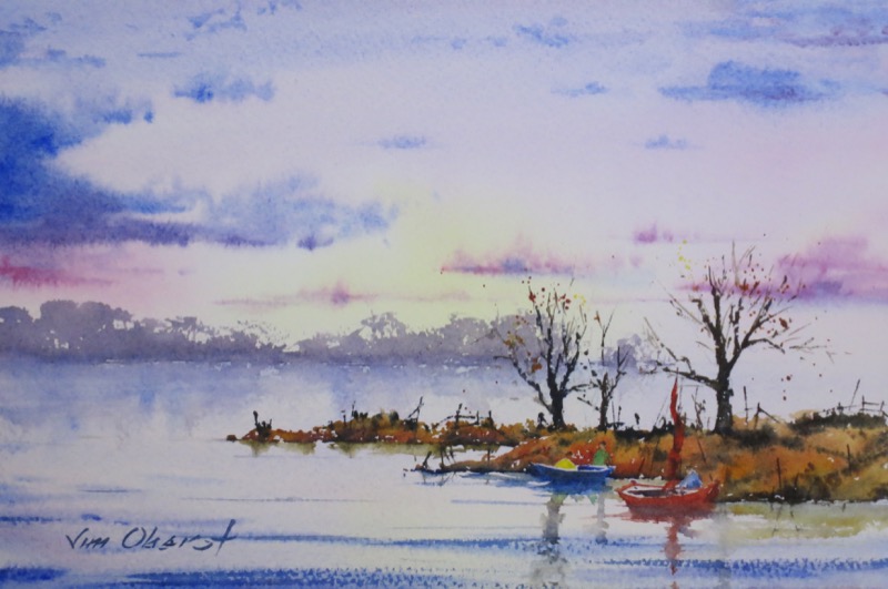 seascape, boat, sailboat, sunset, evening, sea, lake, original watercolor painting, oberst